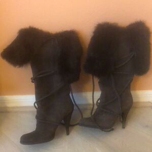 Suede and fur heeled boots